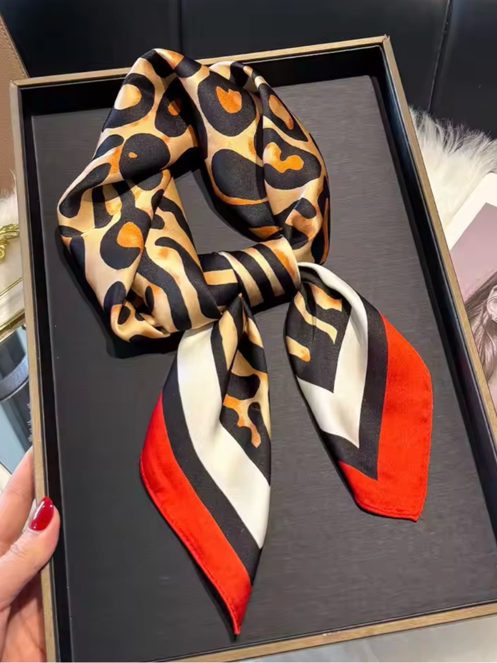 Leopard Print Neckerchief Scarf with Red Trim